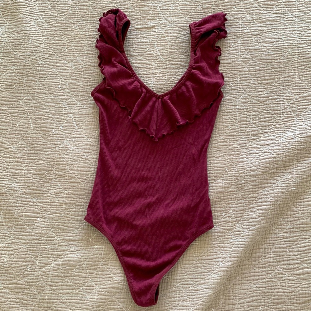 Aritzia Burgundy Bodysuit with Ruffle Neckline